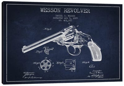 Wesson Revolver Navy Blue Patent Blueprint Canvas Art Print - Weapon Blueprints
