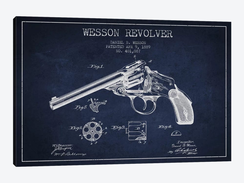Wesson Revolver Navy Blue Patent Blueprint by Aged Pixel 1-piece Canvas Wall Art