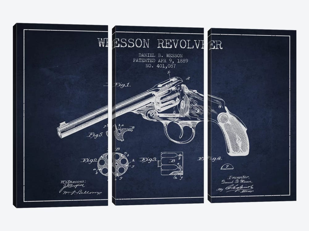 Wesson Revolver Navy Blue Patent Blueprint by Aged Pixel 3-piece Canvas Wall Art