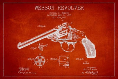 Wesson Revolver Red Patent Blueprint by Aged Pixel metal wall art