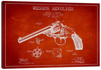 Wesson Revolver Red Patent Blueprint Canvas Art Print - Weapon Blueprints