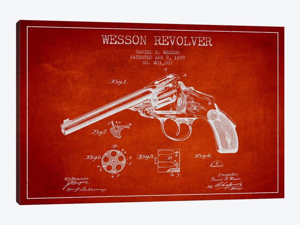 Wesson Revolver Red Patent Blueprint by Aged Pixel 1-piece Canvas Print
