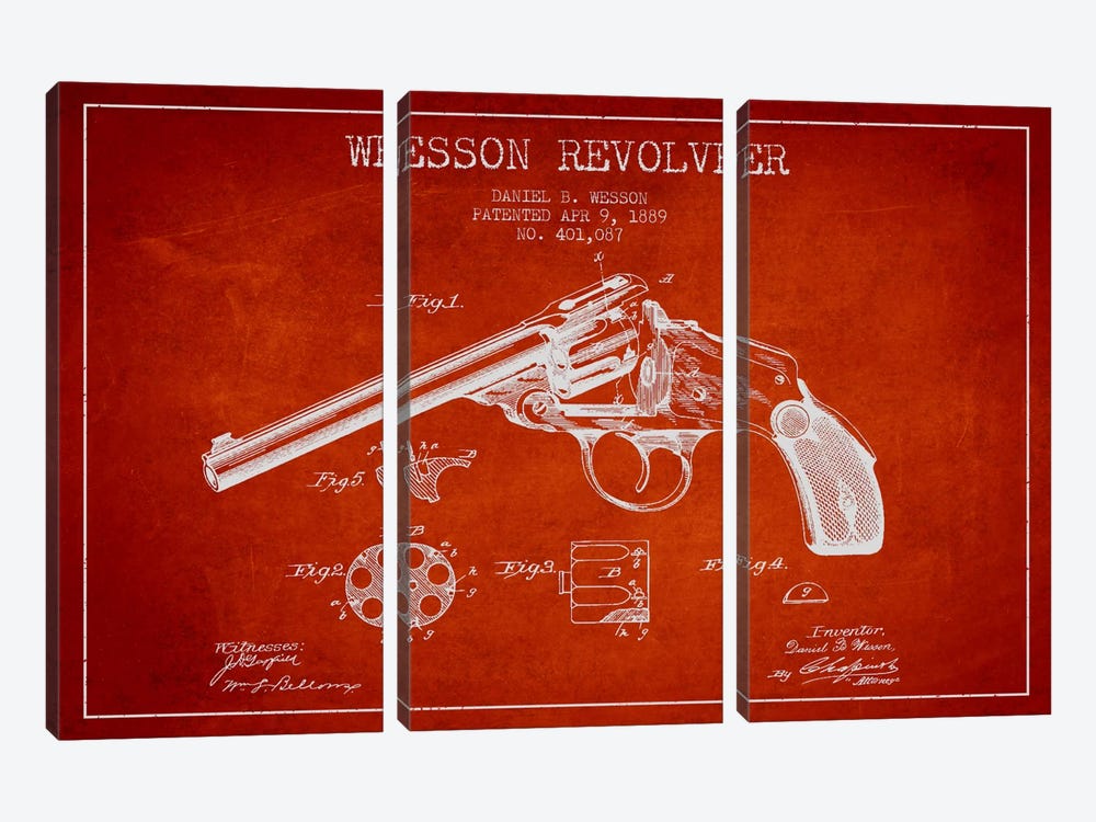 Wesson Revolver Red Patent Blueprint by Aged Pixel 3-piece Canvas Print