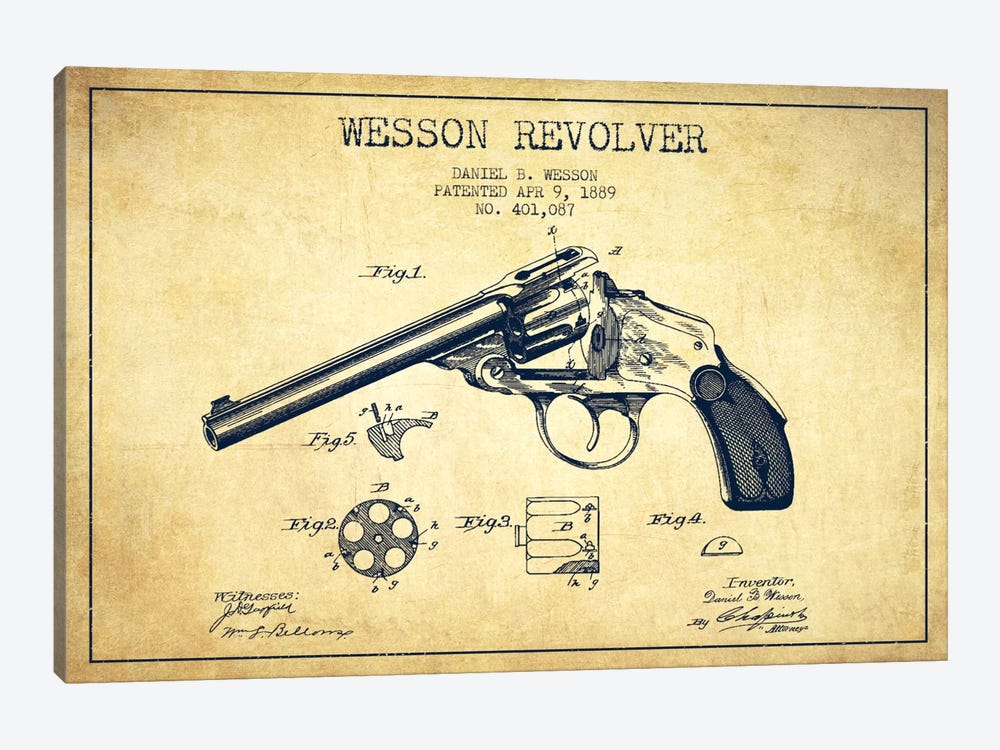 Wesson Revolver Vintage Patent Blueprint by Aged Pixel 1-piece Canvas Artwork