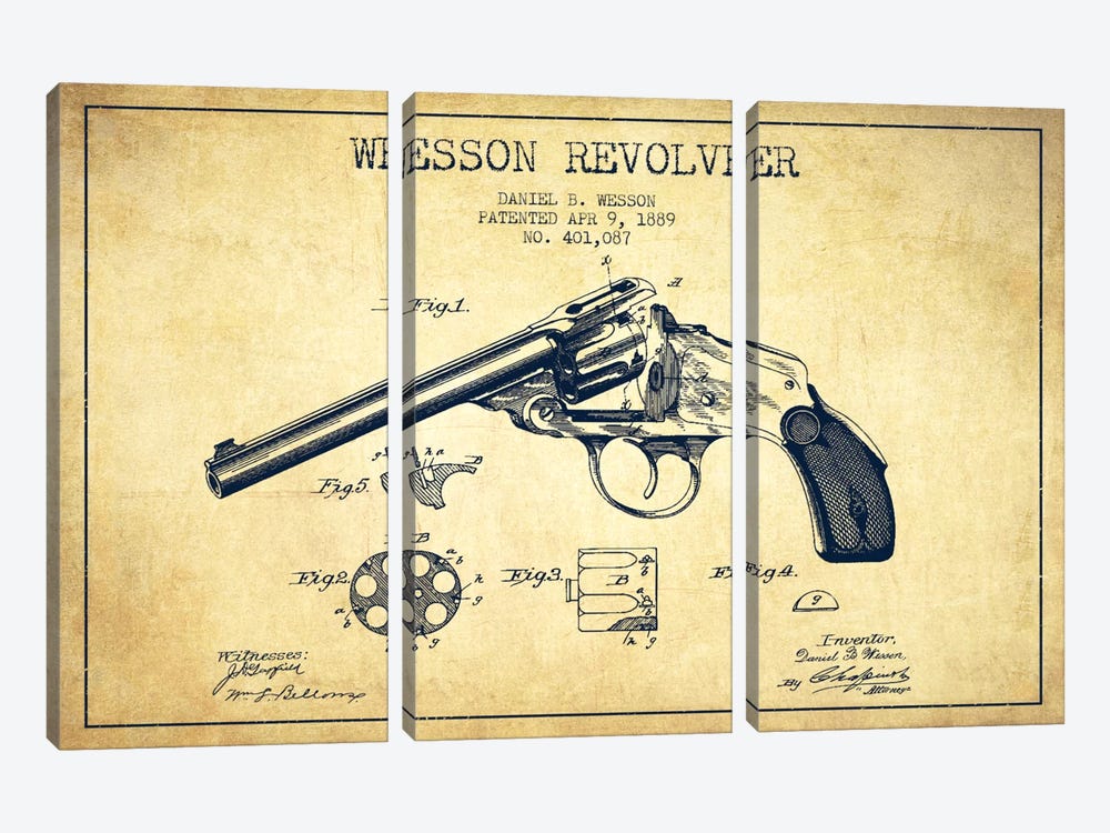 Wesson Revolver Vintage Patent Blueprint by Aged Pixel 3-piece Canvas Wall Art