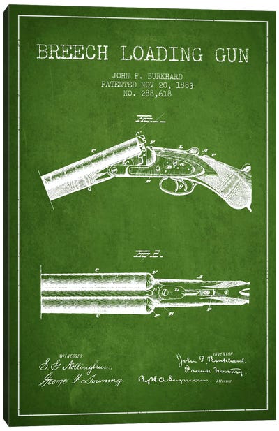 Burkhard Breech Gun Green Patent Blueprint Canvas Art Print - Weapon Blueprints