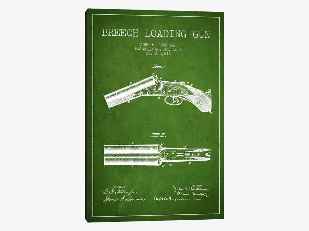 Burkhard Breech Gun Green Patent Blueprint by Aged Pixel 1-piece Canvas Art
