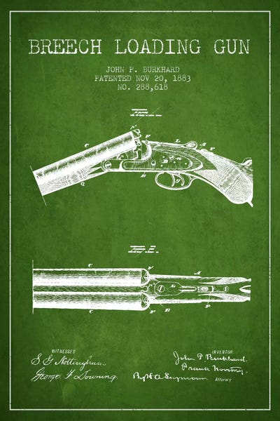 Weapon Blueprints: Burkhard Breech Gun Green Patent Blueprint by Aged Pixel
