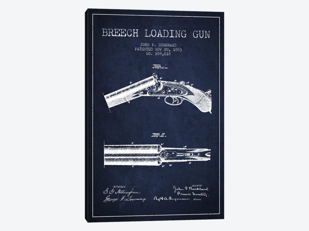 Burkhard Breech Gun Navy Blue Patent Blueprint by Aged Pixel 1-piece Canvas Art Print