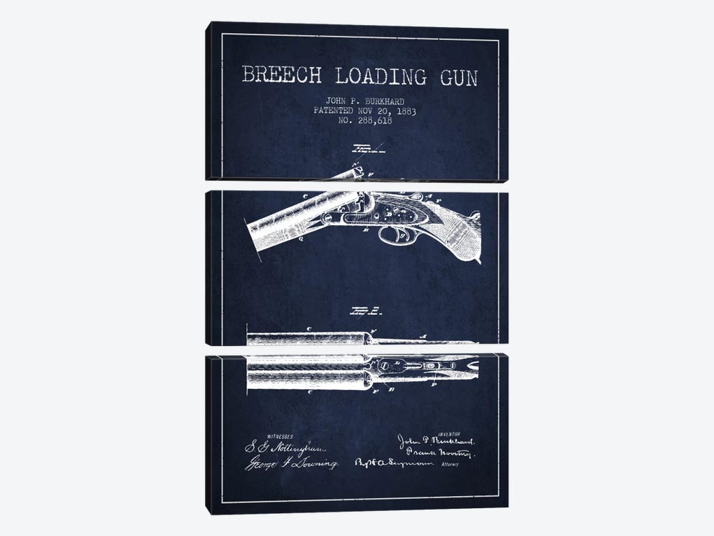 Burkhard Breech Gun Navy Blue Patent Blueprint by Aged Pixel 3-piece Art Print