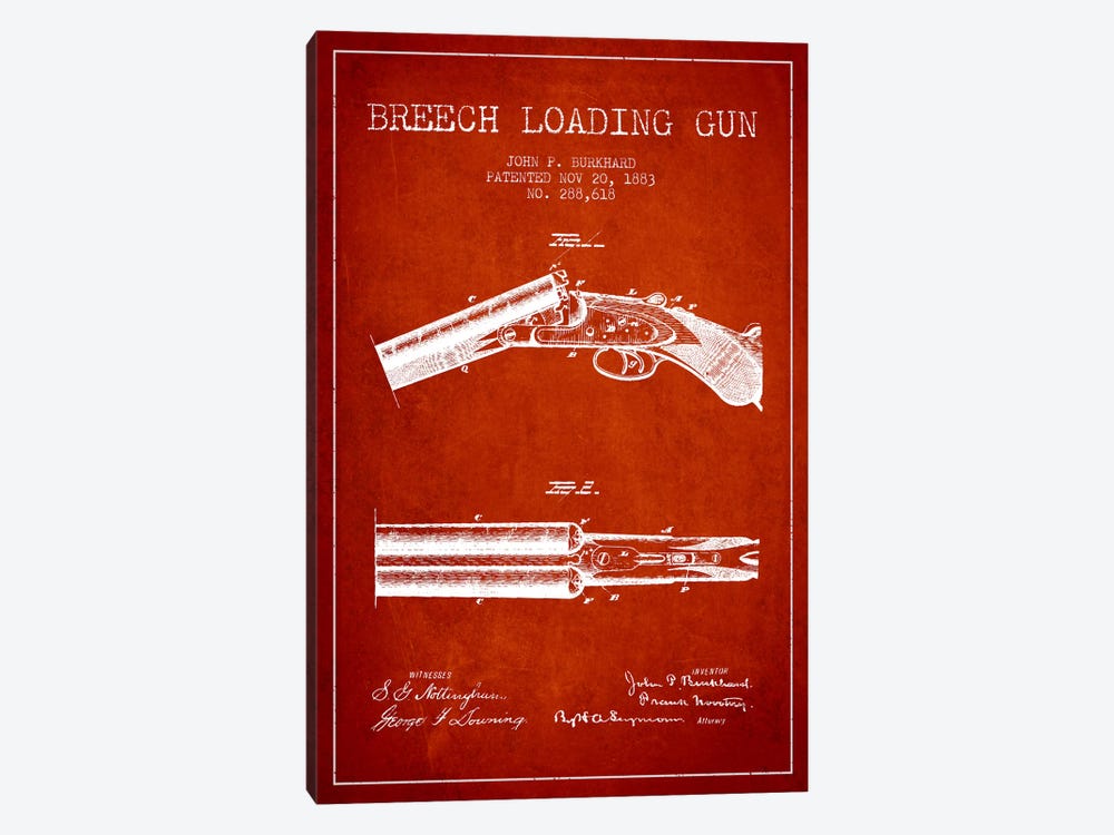 Burkhard Breech Gun Red Patent Blueprint by Aged Pixel 1-piece Canvas Artwork