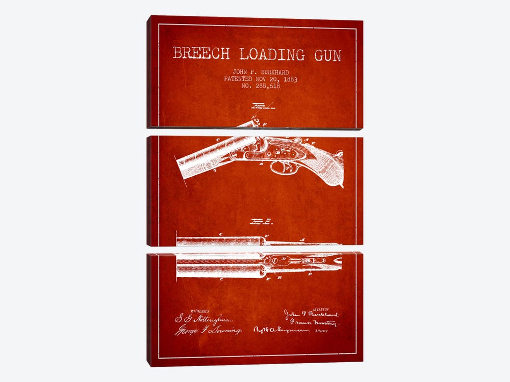 Burkhard Breech Gun Red Patent Blueprint by Aged Pixel 3-piece Canvas Wall Art