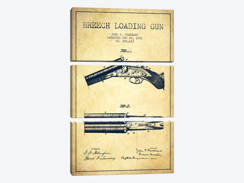 Burkhard Breech Gun Vintage Patent Blueprint by Aged Pixel 3-piece Canvas Print