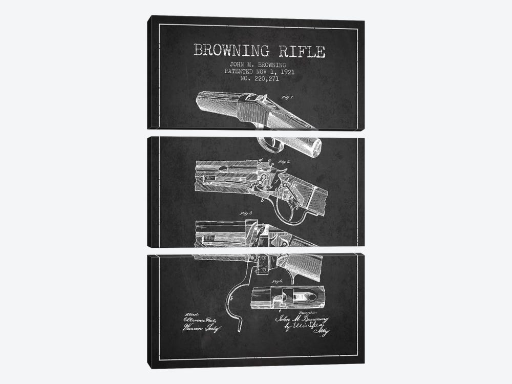 Browning Rifle Charcoal Patent Blueprint by Aged Pixel 3-piece Canvas Artwork