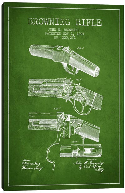 Browning Rifle Green Patent Blueprint Canvas Art Print - Weapon Blueprints