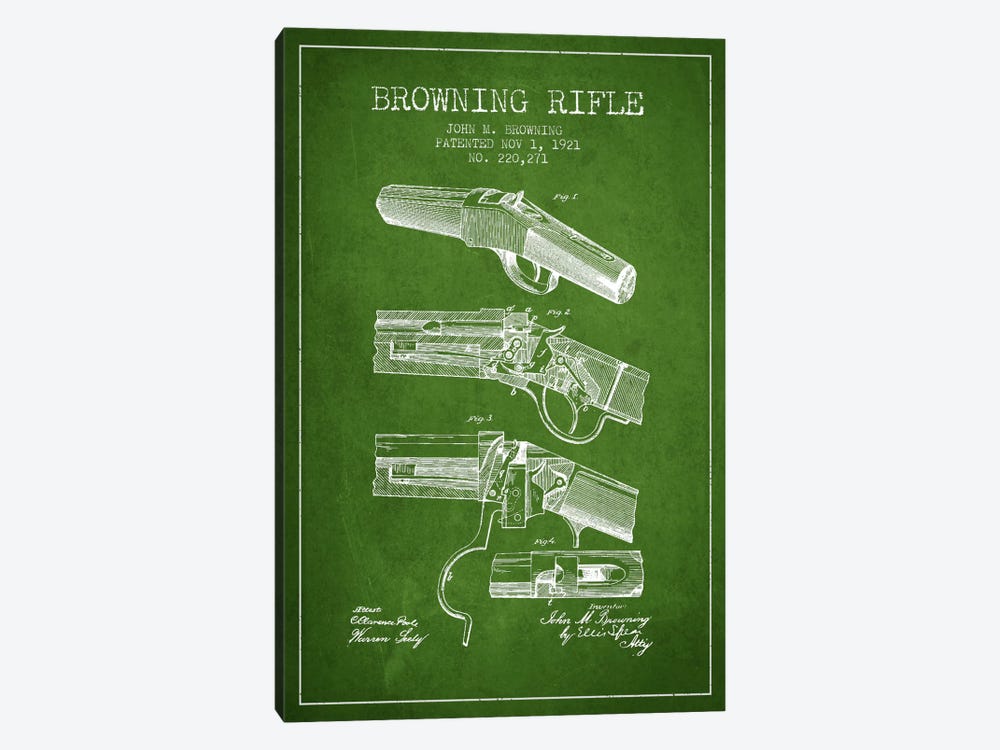Browning Rifle Green Patent Blueprint by Aged Pixel 1-piece Canvas Artwork