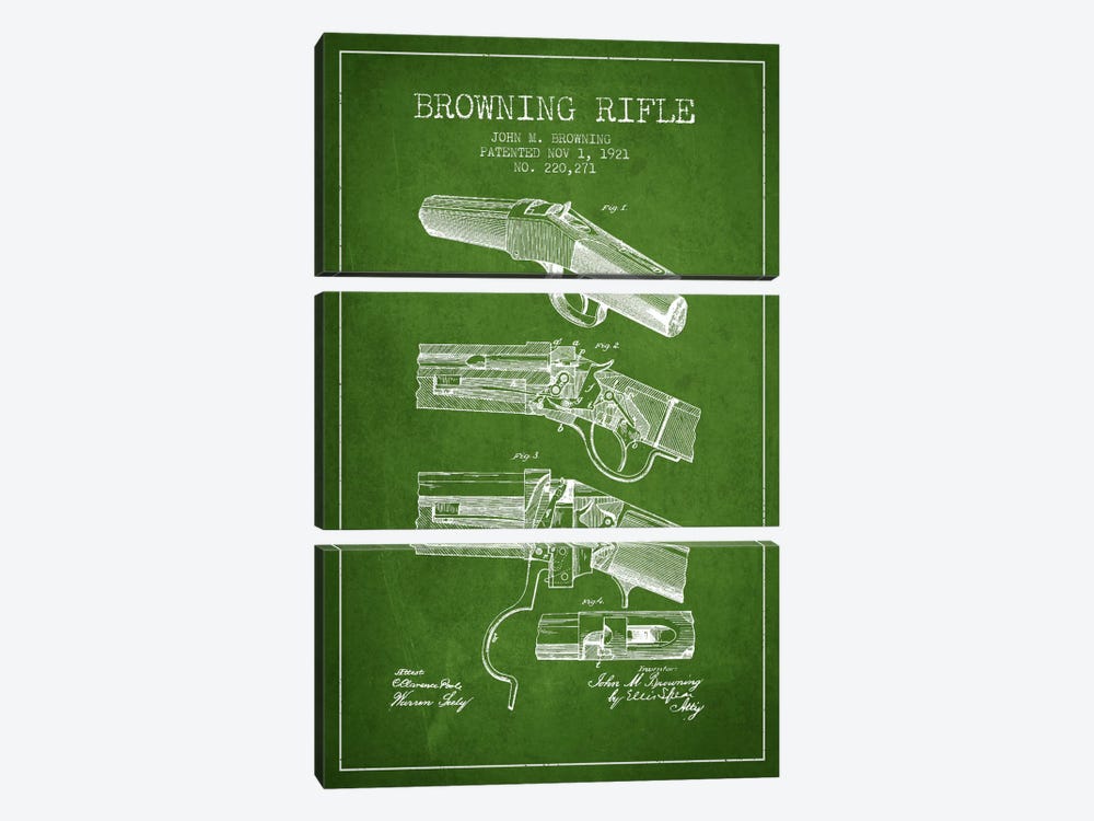 Browning Rifle Green Patent Blueprint by Aged Pixel 3-piece Canvas Artwork