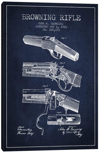 Browning Rifle Navy Blue Patent Blueprint Canvas Art Print - Weapon Blueprints