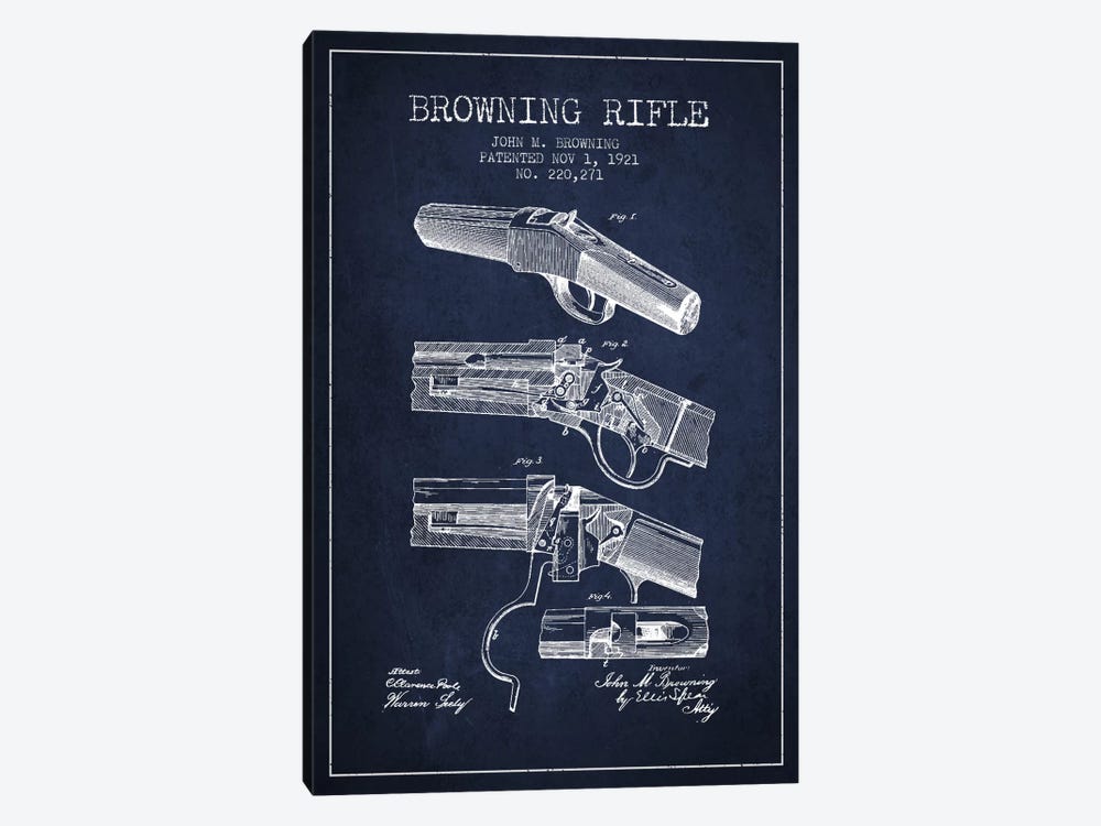 Browning Rifle Navy Blue Patent Blueprint by Aged Pixel 1-piece Canvas Print
