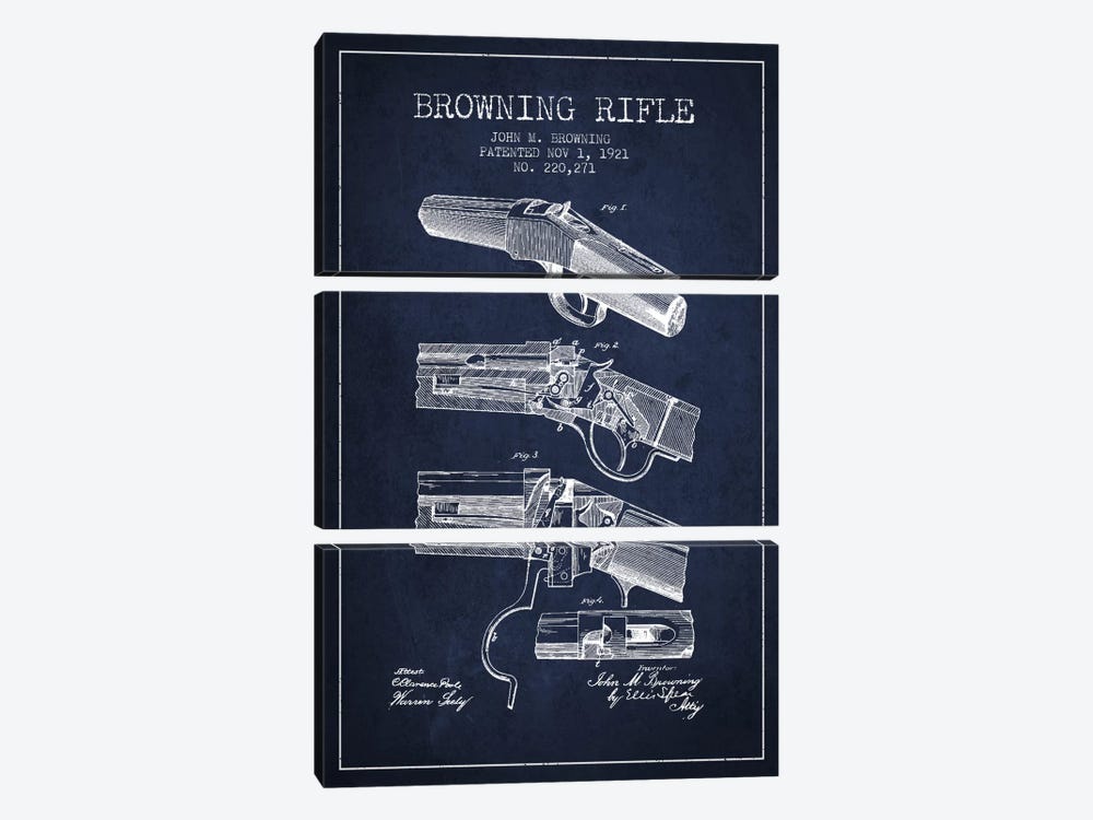 Browning Rifle Navy Blue Patent Blueprint by Aged Pixel 3-piece Canvas Art Print