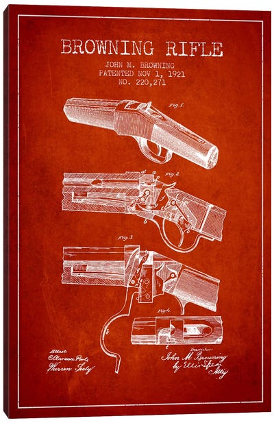 Browning Rifle Red Patent Blueprint Canvas Art Print - Weapon Blueprints