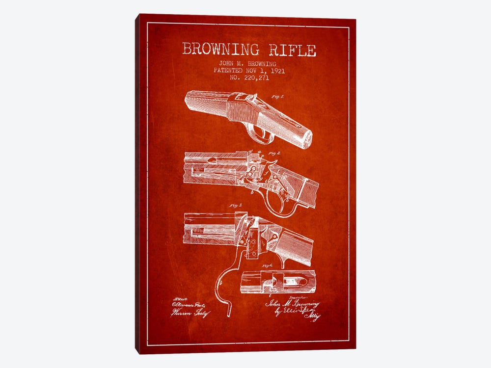Browning Rifle Red Patent Blueprint by Aged Pixel 1-piece Canvas Wall Art