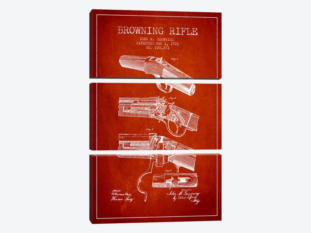 Browning Rifle Red Patent Blueprint by Aged Pixel 3-piece Canvas Art