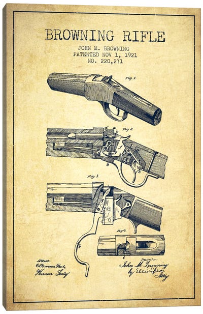 Browning Rifle Vintage Patent Blueprint Canvas Art Print - Weapon Blueprints