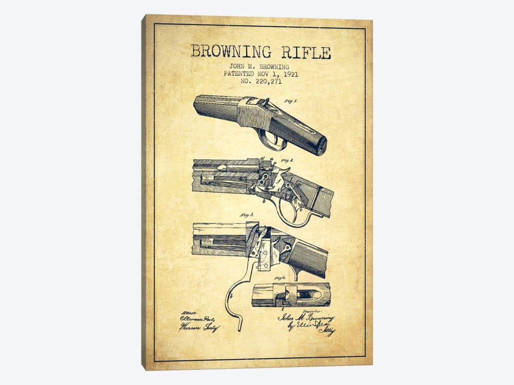 Browning Rifle Vintage Patent Blueprint by Aged Pixel 1-piece Canvas Art Print