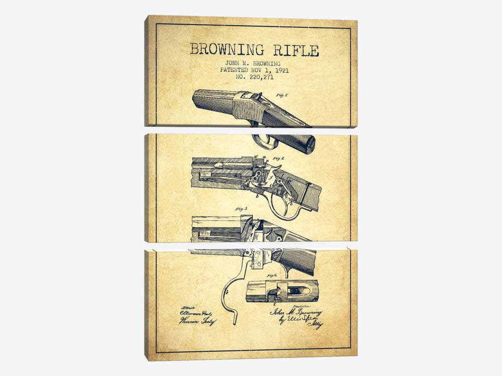 Browning Rifle Vintage Patent Blueprint by Aged Pixel 3-piece Canvas Print
