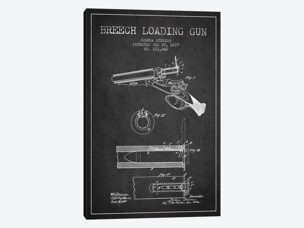 Stevens Breech Shotgun Gun Charcoal Patent Blueprint by Aged Pixel 1-piece Canvas Artwork