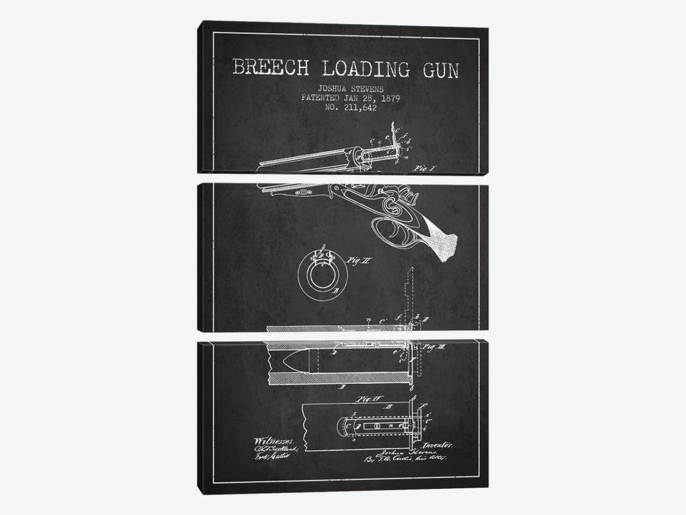 Stevens Breech Shotgun Gun Charcoal Patent Blueprint by Aged Pixel 3-piece Canvas Artwork