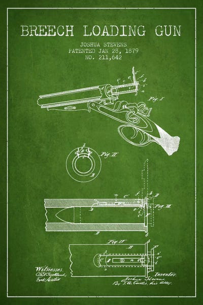 Stevens Breech Shotgun Green Patent Blueprint by Aged Pixel metal wall art