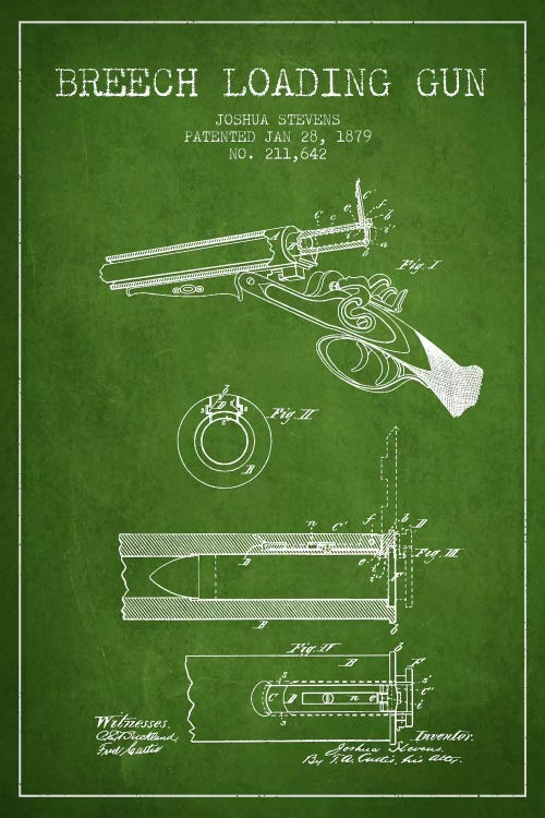 Stevens Breech Shotgun Green Patent Blueprint by Aged Pixel wall art
