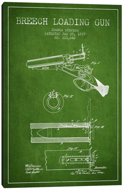 Stevens Breech Shotgun Green Patent Blueprint Canvas Art Print - Weapon Blueprints