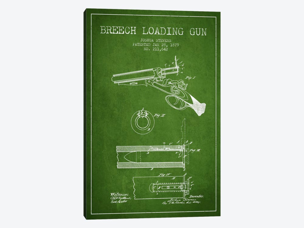 Stevens Breech Shotgun Green Patent Blueprint 1-piece Art Print