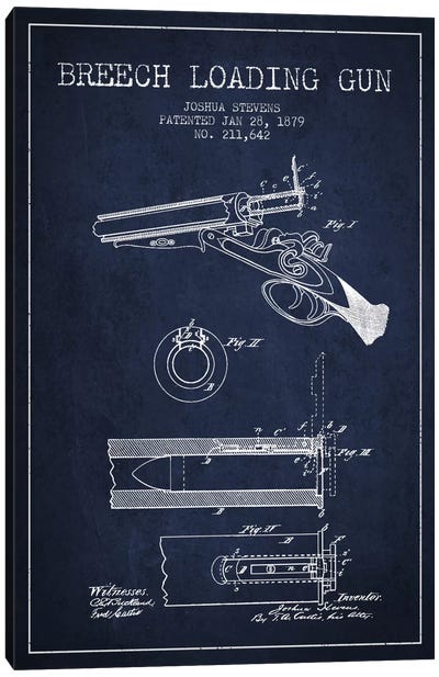Stevens Breech Shotgun Navy Blue Patent Blueprint Canvas Art Print - Weapons & Artillery Art