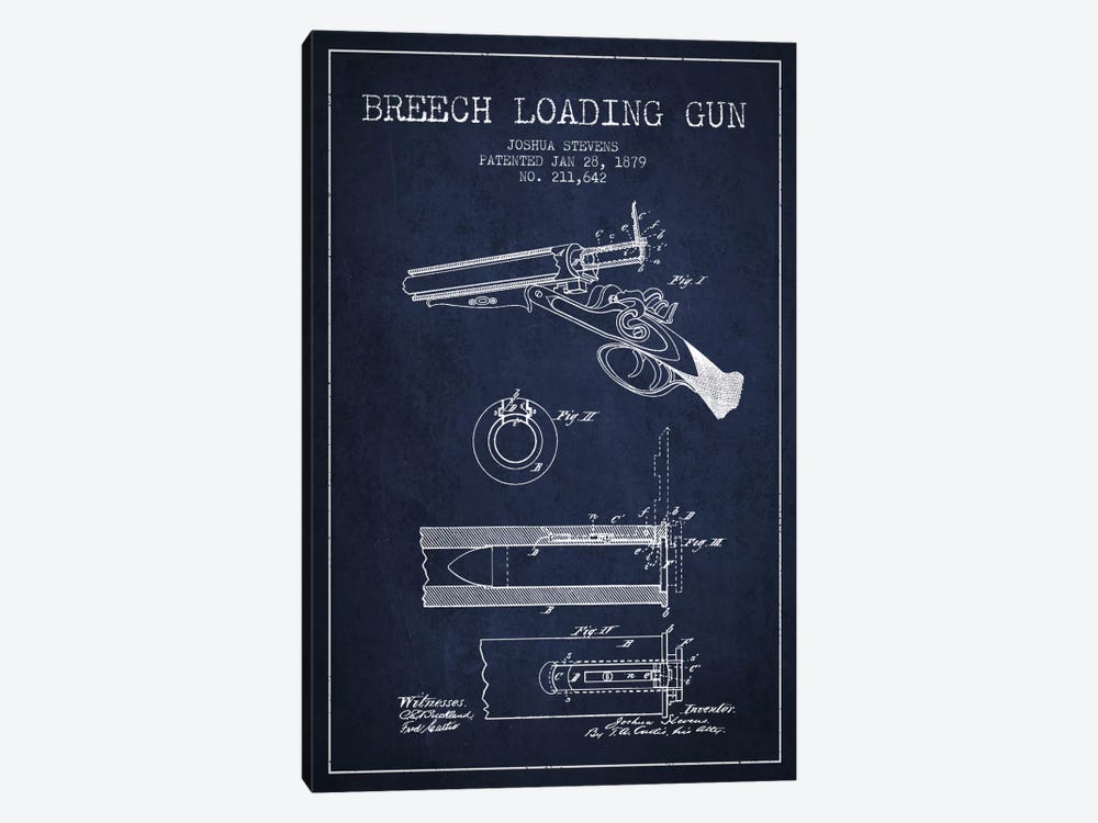 Stevens Breech Shotgun Navy Blue Patent Blueprint by Aged Pixel 1-piece Canvas Art