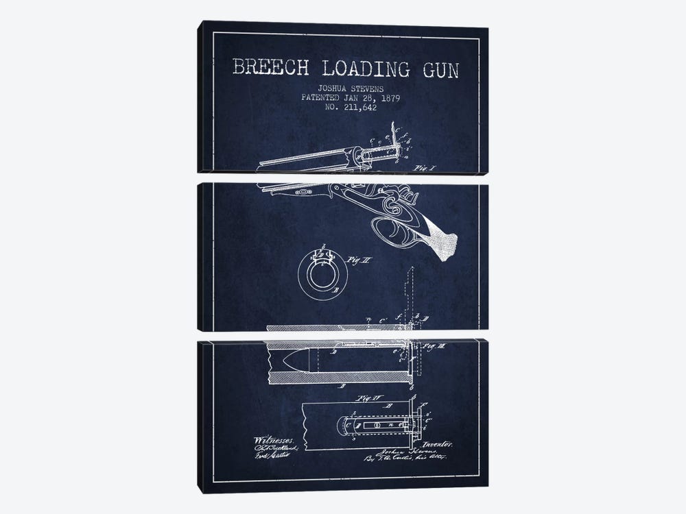 Stevens Breech Shotgun Navy Blue Patent Blueprint by Aged Pixel 3-piece Canvas Art