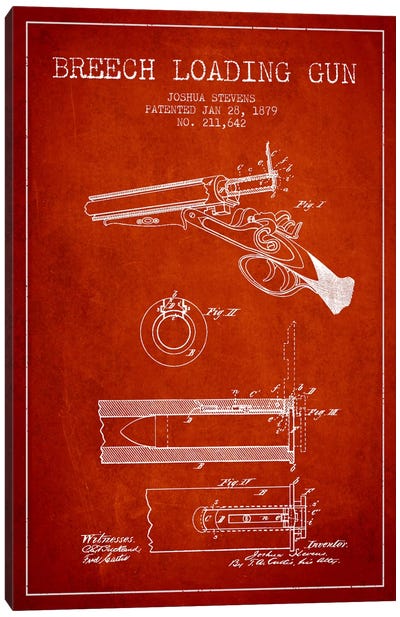 Stevens Breech Shotgun Red Patent Blueprint Canvas Art Print - Weapons & Artillery Art