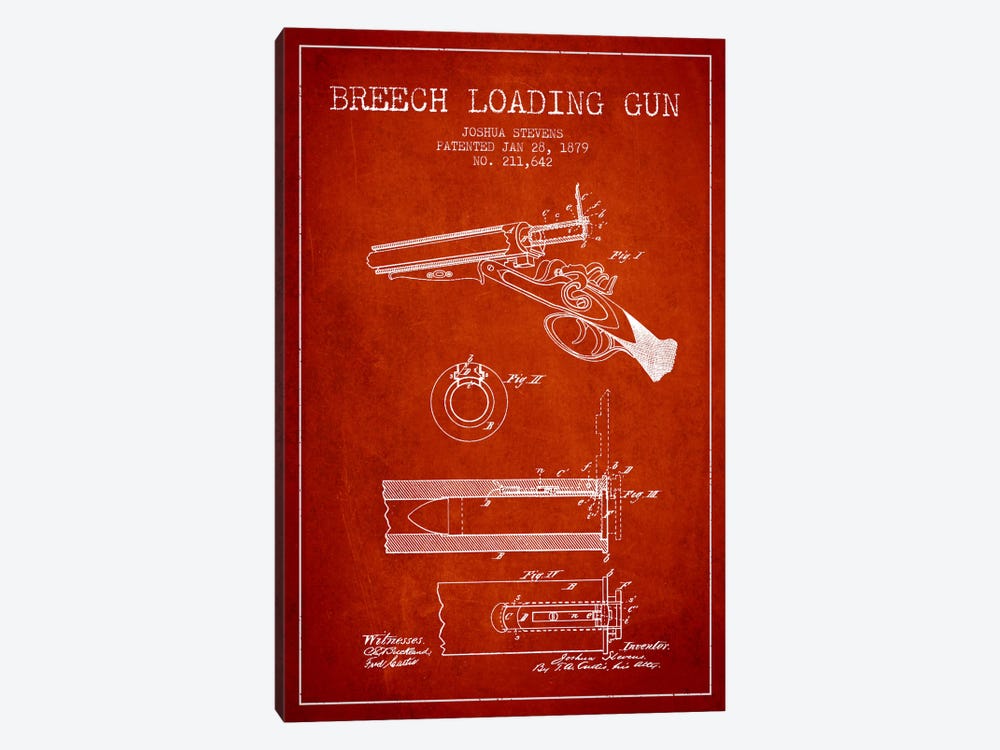 Stevens Breech Shotgun Red Patent Blueprint by Aged Pixel 1-piece Canvas Art Print