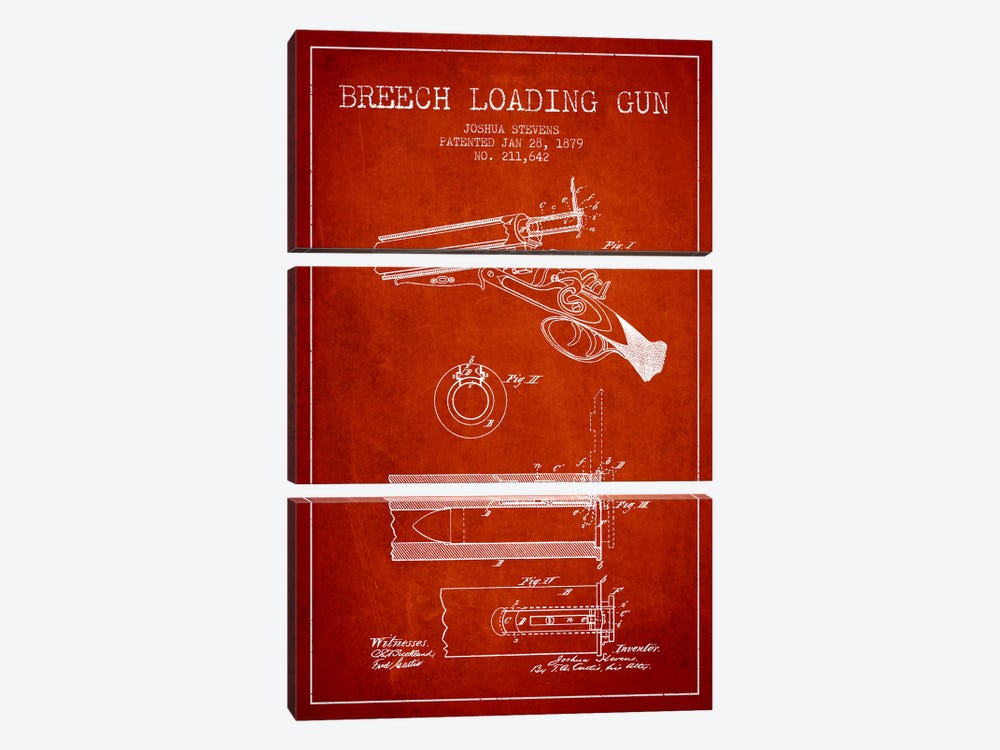 Stevens Breech Shotgun Red Patent Blueprint by Aged Pixel 3-piece Canvas Art Print