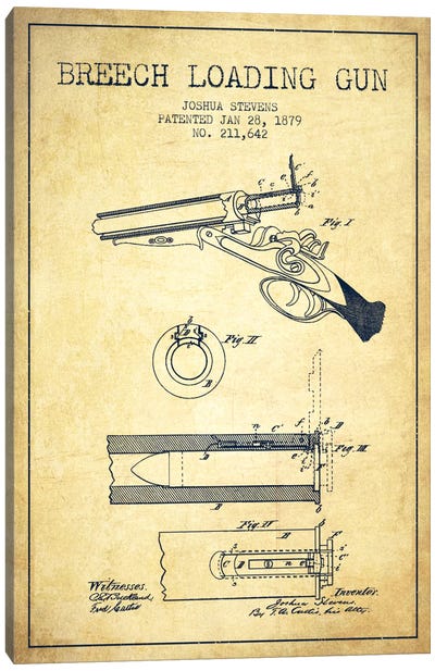 Stevens Breech Shotgun Vintage Patent Blueprint Canvas Art Print - Weapons & Artillery Art