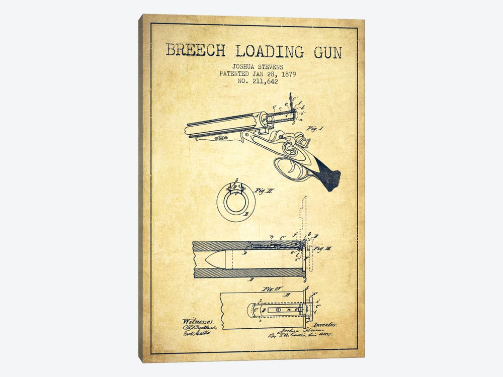 Stevens Breech Shotgun Vintage Patent Blueprint by Aged Pixel 1-piece Canvas Wall Art
