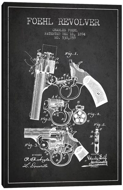 Foehl Revolver Charcoal Patent Blueprint Canvas Art Print - Weapons & Artillery Art