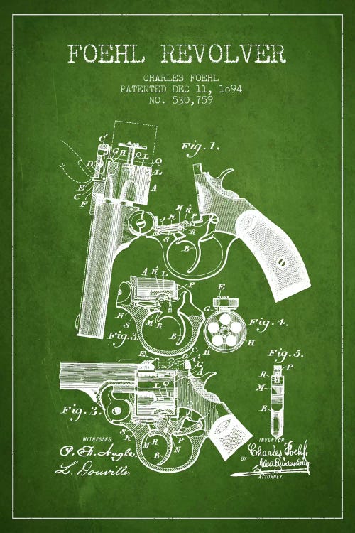 Foehl Revolver Green Patent Blueprint by Aged Pixel wall art