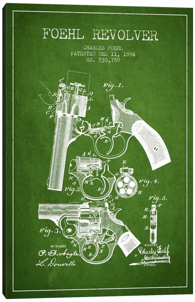 Foehl Revolver Green Patent Blueprint Canvas Art Print - Weapons & Artillery Art