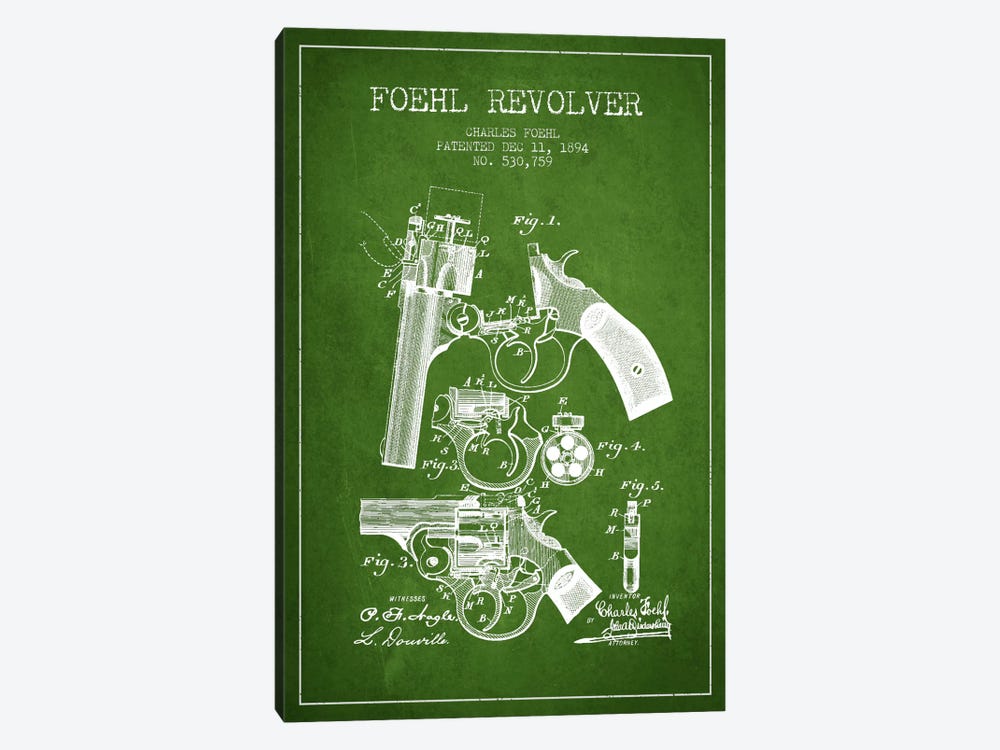 Foehl Revolver Green Patent Blueprint by Aged Pixel 1-piece Canvas Art Print