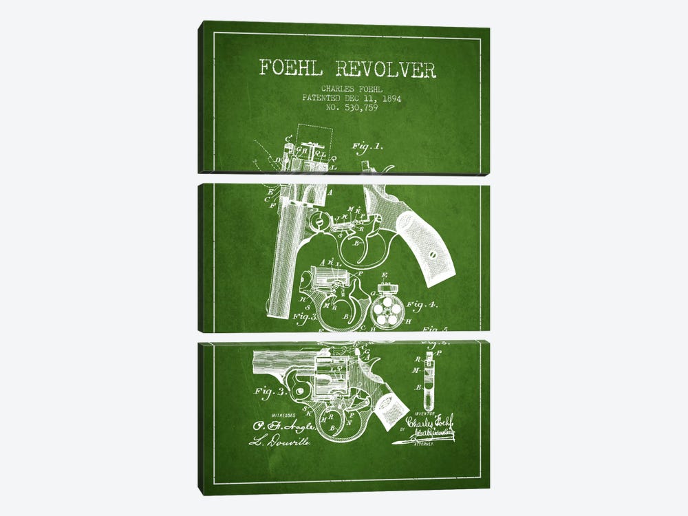 Foehl Revolver Green Patent Blueprint by Aged Pixel 3-piece Canvas Print