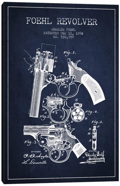 Foehl Revolver Navy Blue Patent Blueprint Canvas Art Print - Weapons & Artillery Art